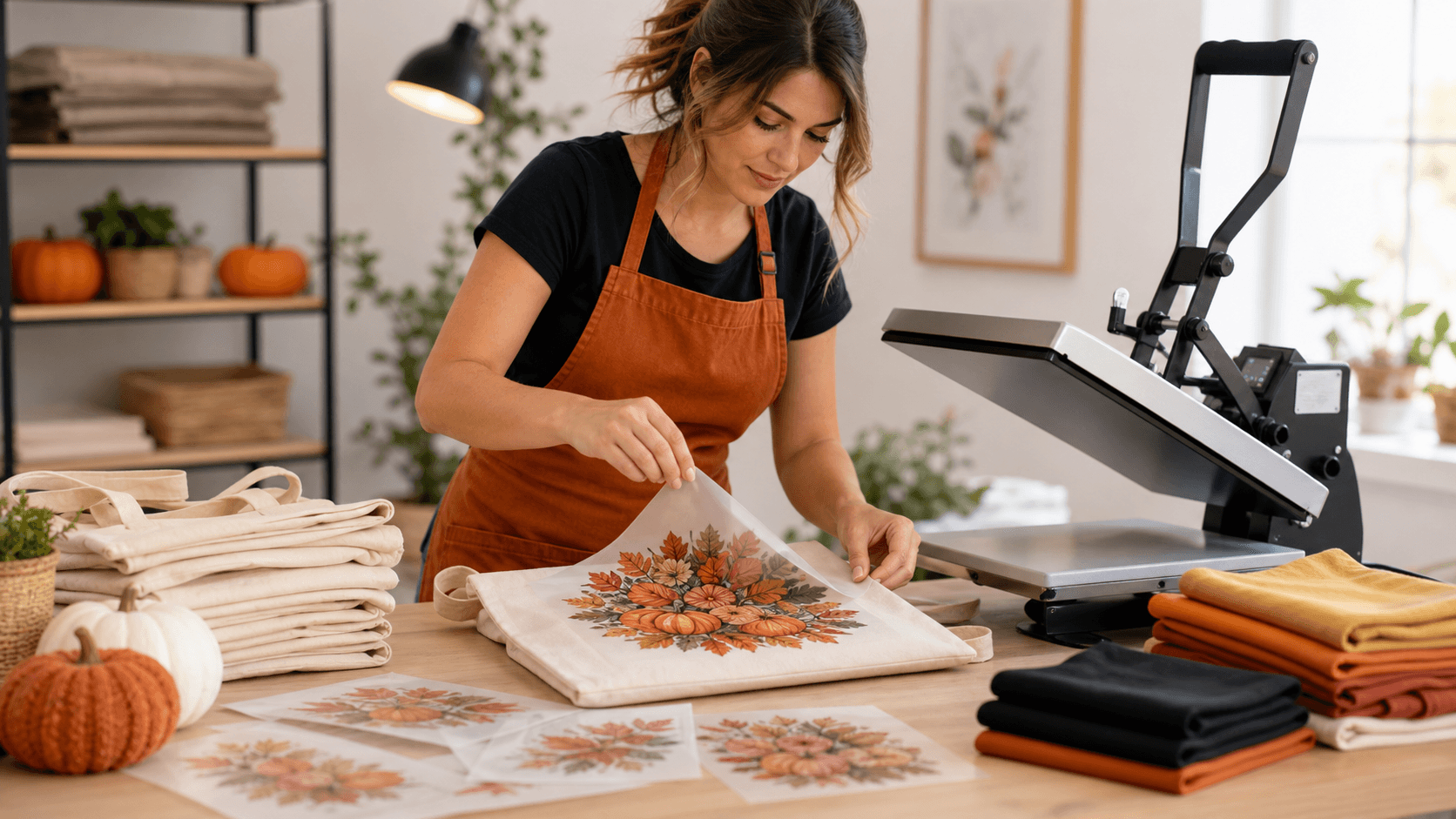 Colorful autumn-themed heat transfer designs with pumpkins, leaves, and festive text on a worktable.
